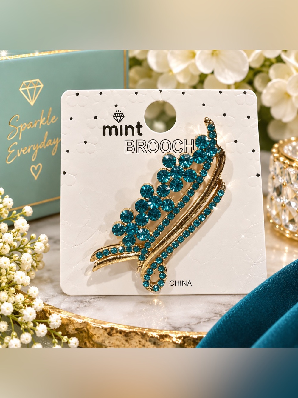 💎 Mint BROOCH – Teal Blue Rhinestone Floral Spray Brooch